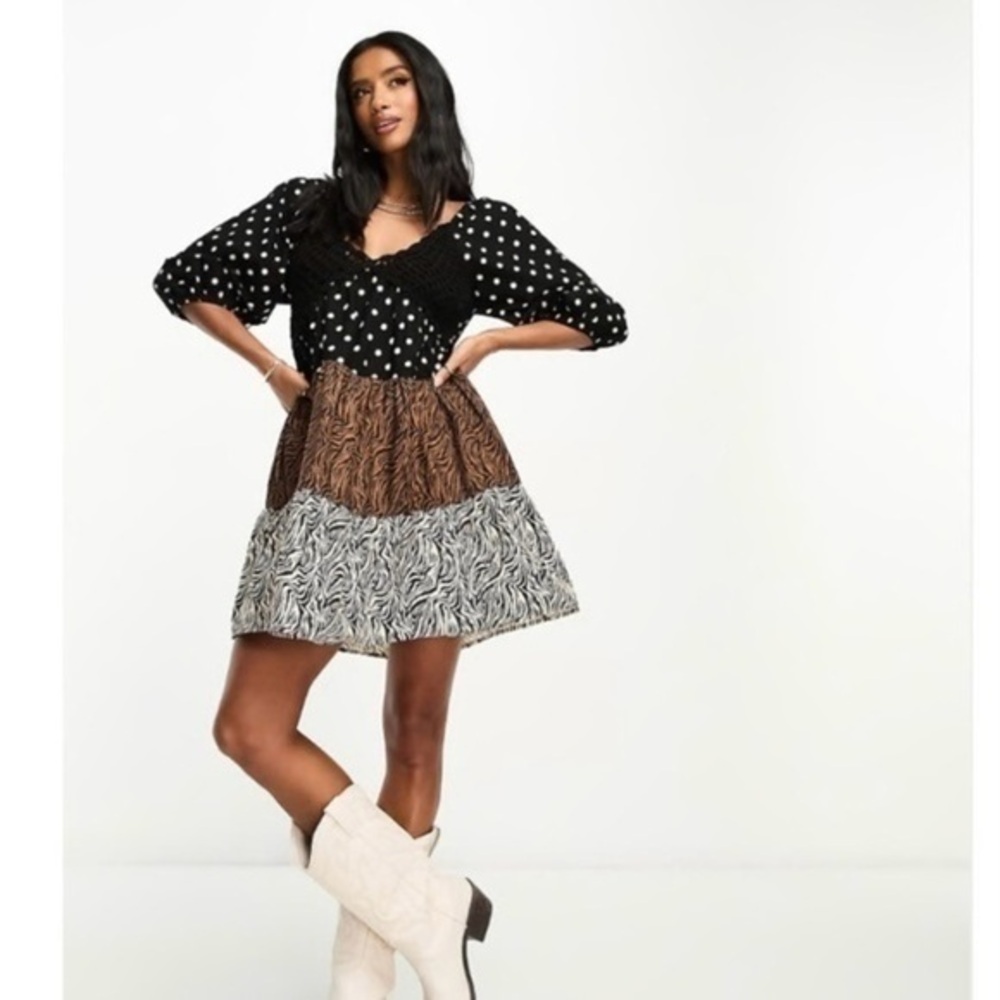 ASOS Crochet Tiered Babydoll Mini Dress In Animal Print Milkmaid Fit & Flare
